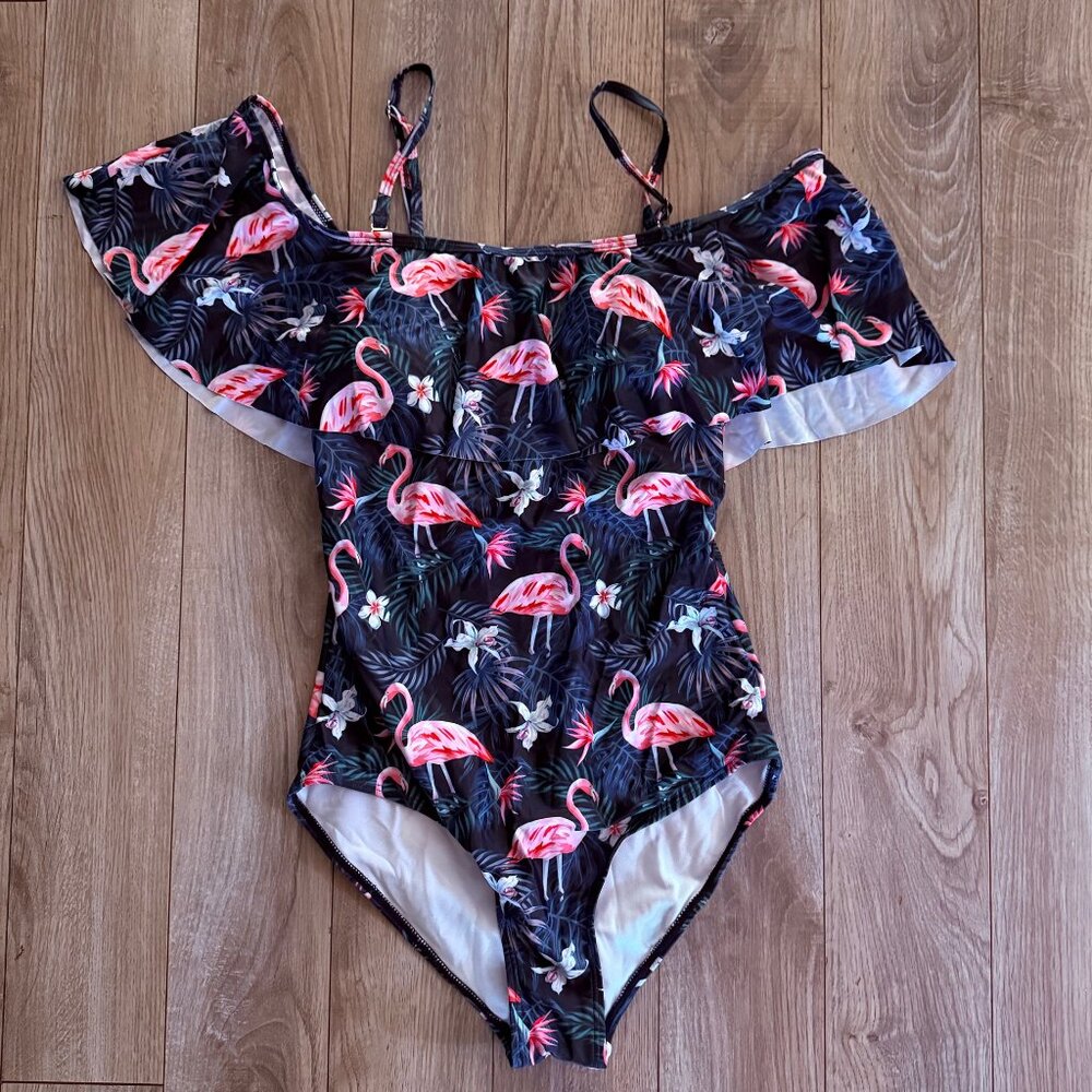 Navy Off-Shoulder Flamingo Print One-Piece Swimsuit -